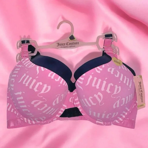 Juicy Couture Sexy Pink Logo & Solid Black Push-up Bra 2 Piece Set Size 38D New - Picture 3 of 8